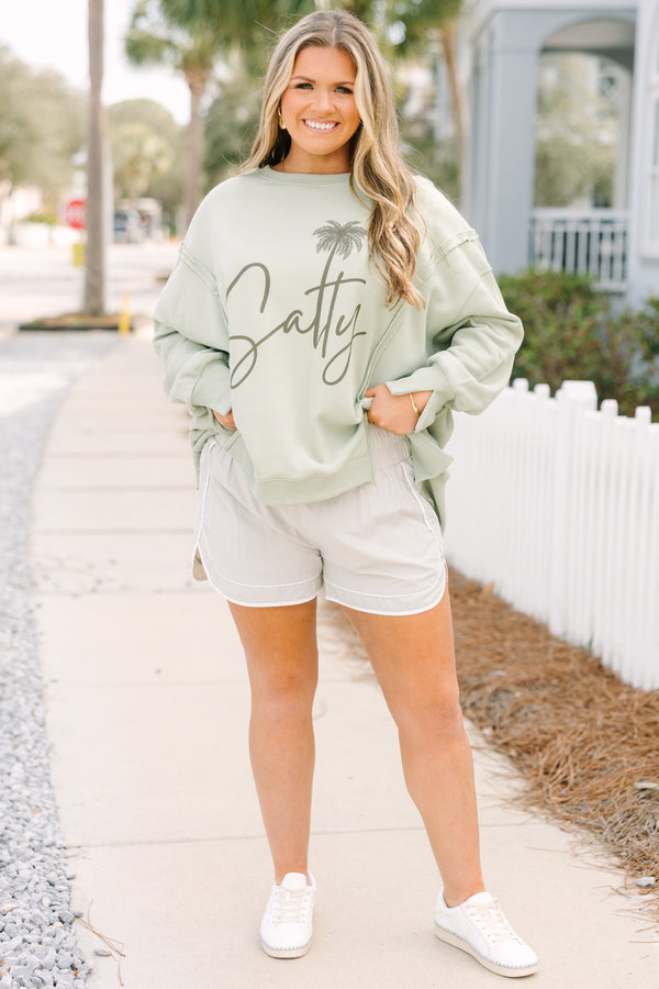 Chic Soul plus size clothing,  light sage green crew neck pullover with 