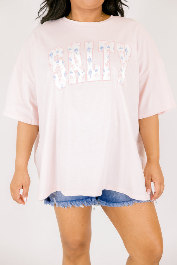 Chic Soul plus size clothing, light pink short sleeve tee with 