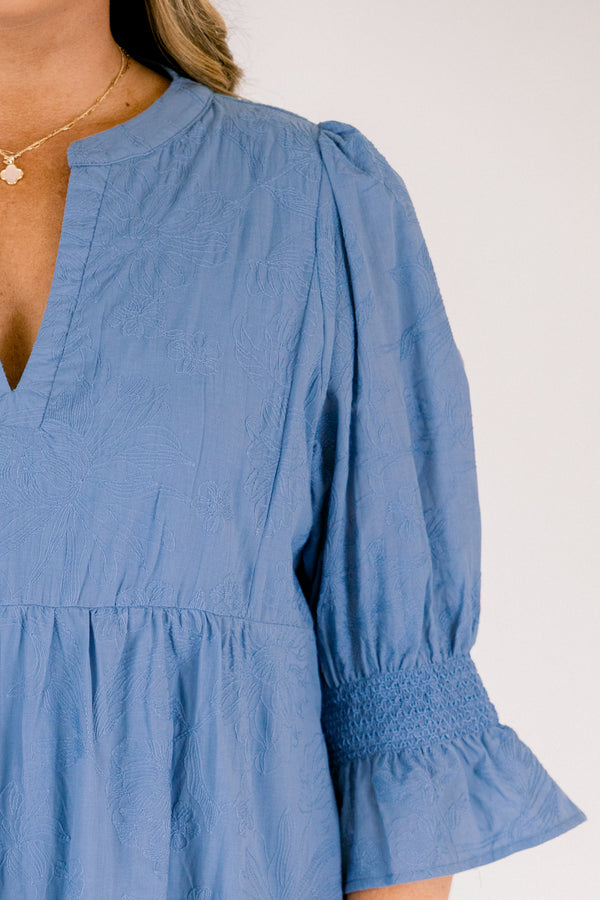 Chic Soul plus size clothing, cerulean midi sleeve short babydoll dress with cinched sleeves and v-neckline