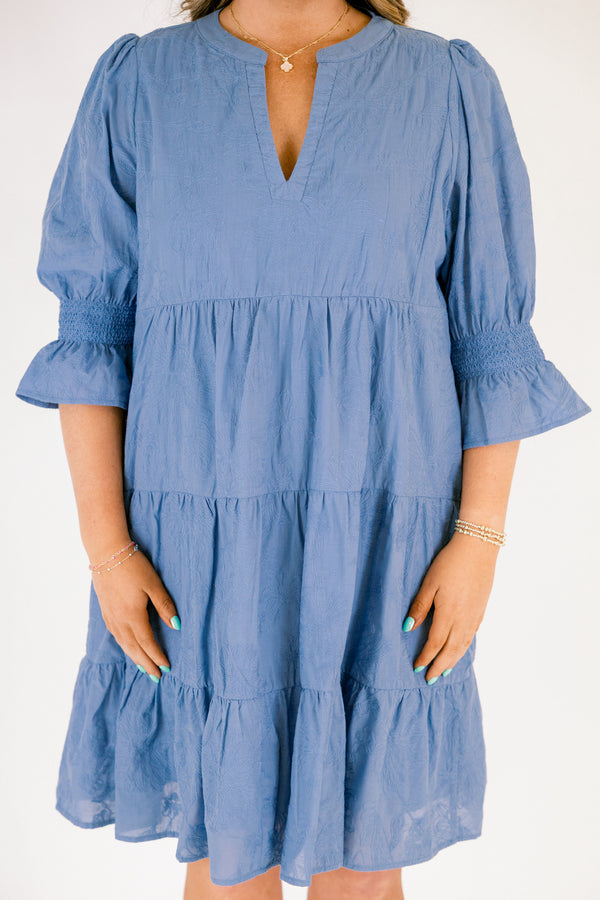 Chic Soul plus size clothing, cerulean midi sleeve short babydoll dress with cinched sleeves and v-neckline