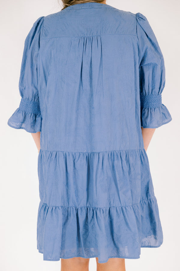 Chic Soul plus size clothing, cerulean midi sleeve short babydoll dress with cinched sleeves and v-neckline