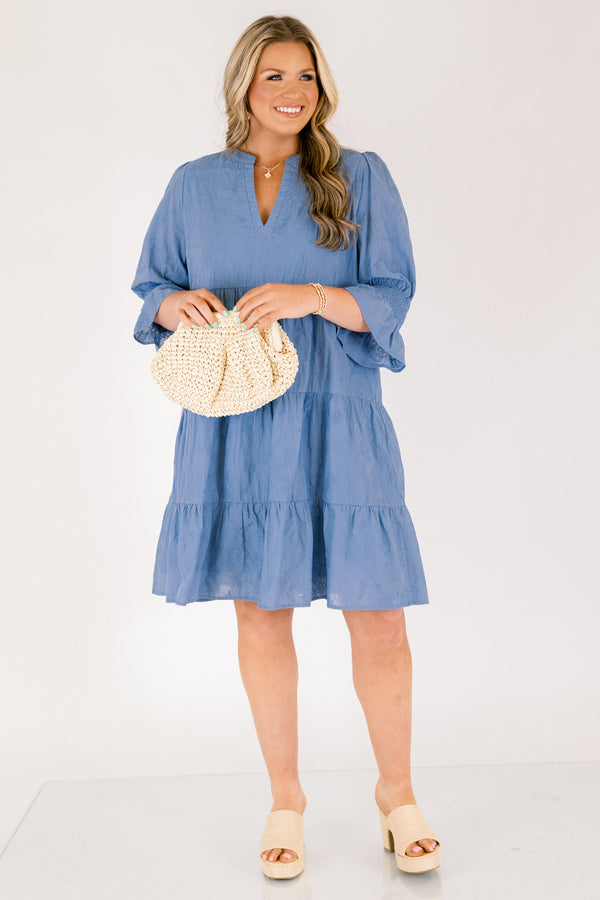 Chic Soul plus size clothing, cerulean midi sleeve short babydoll dress with cinched sleeves and v-neckline