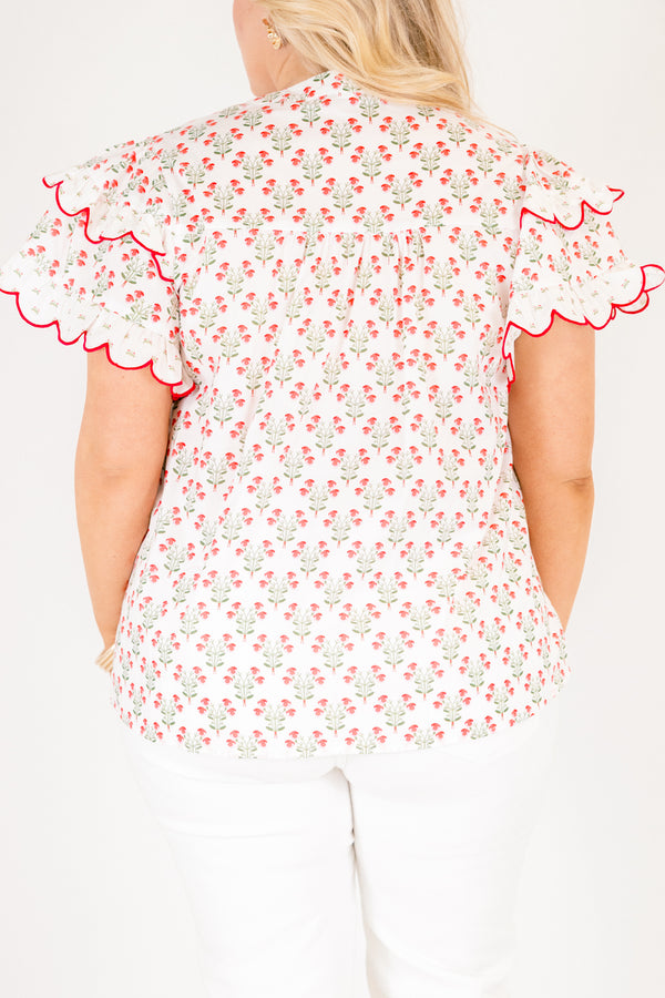 Chic Soul plus size clothing, white short flutter sleeve top with pink and green small floral pattern and pink scallop trimming along the sleeves through the top