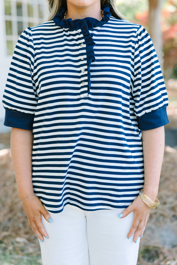 Chic Soul plus size clothing, navy and white stripe short sleeve top with functional buttons and ruffle detail