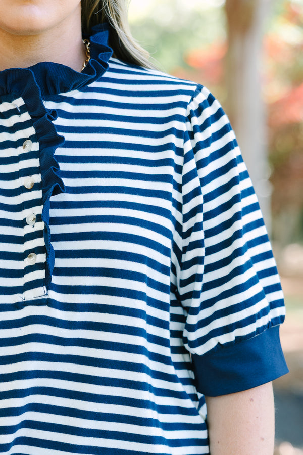 Chic Soul plus size clothing, navy and white stripe short sleeve top with functional buttons and ruffle detail