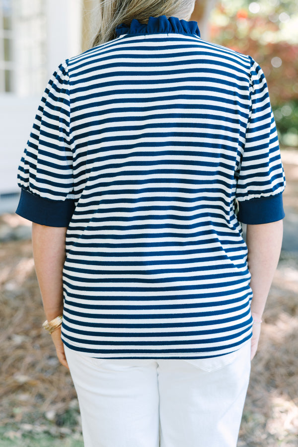Chic Soul plus size clothing, navy and white stripe short sleeve top with functional buttons and ruffle detail