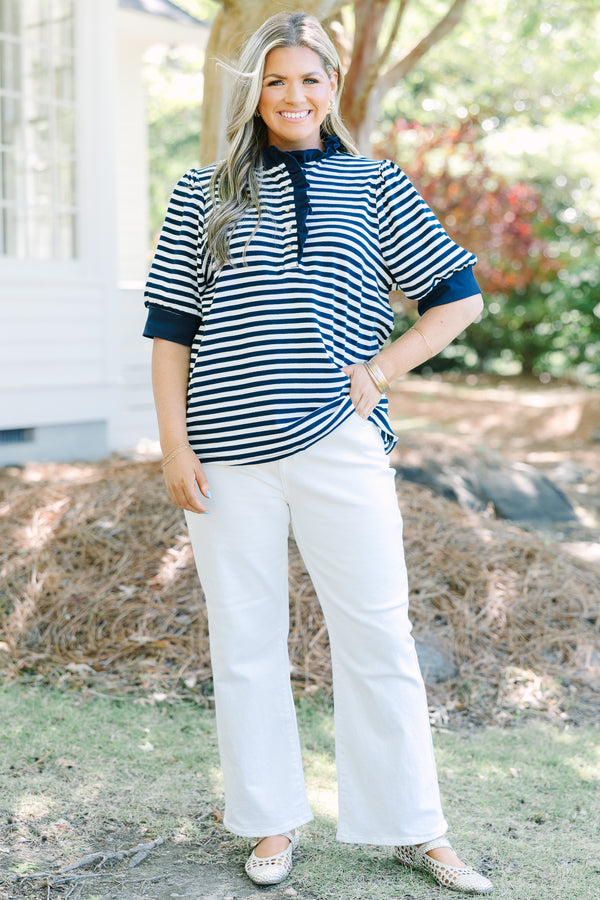 Chic Soul plus size clothing, navy and white stripe short sleeve top with functional buttons and ruffle detail