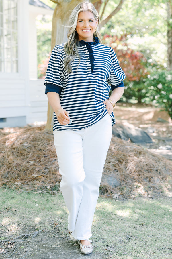 Chic Soul plus size clothing, navy and white stripe short sleeve top with functional buttons and ruffle detail