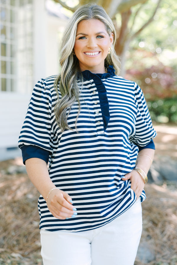 Chic Soul plus size clothing, navy and white stripe short sleeve top with functional buttons and ruffle detail
