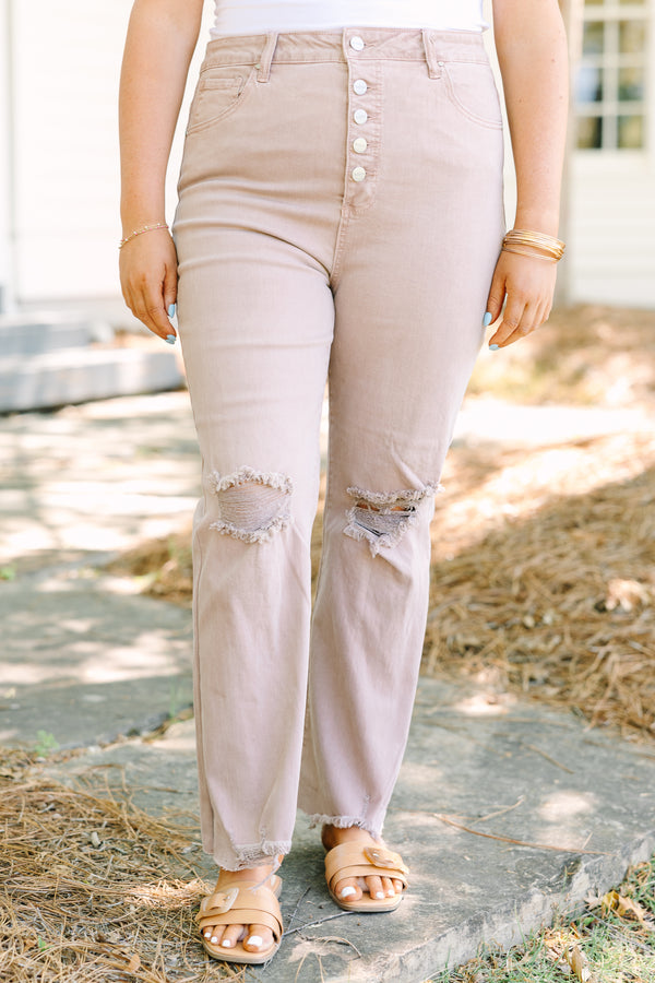 Chic soul plus size clothing, mauve jeans with distressed holes on the knees as well front pockets and five buttons to button up the jeans
