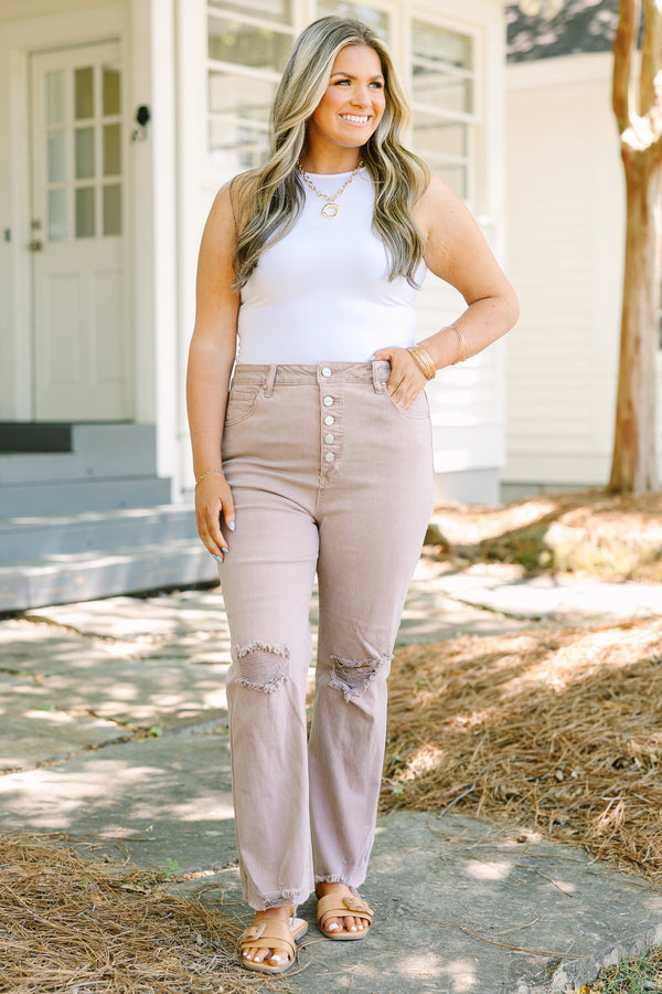 Chic soul plus size clothing, mauve jeans with distressed holes on the knees as well front pockets and five buttons to button up the jeans

