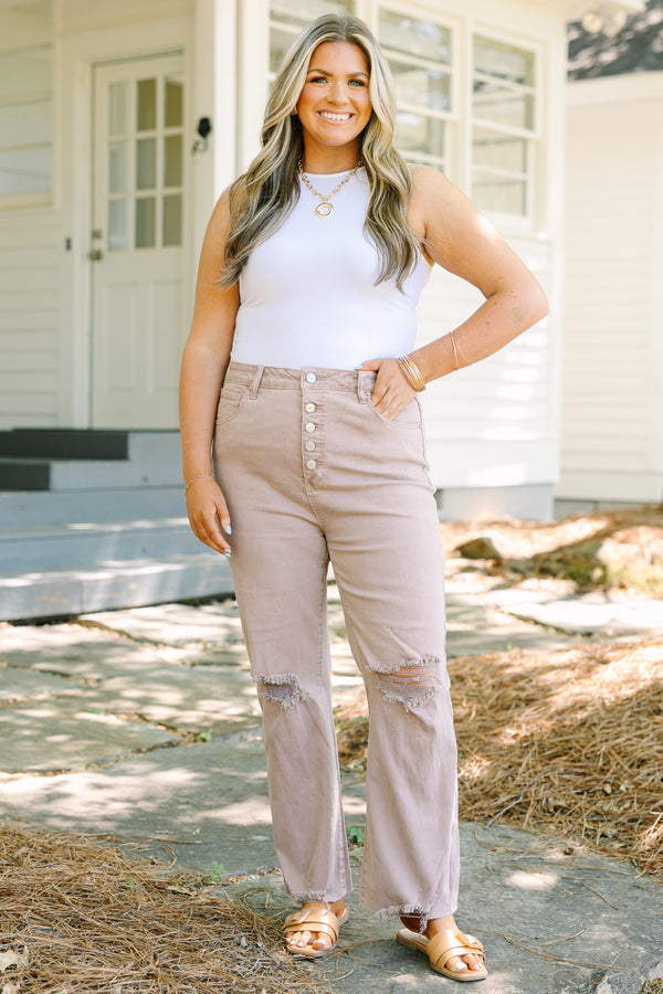 Chic soul plus size clothing, mauve jeans with distressed holes on the knees as well front pockets and five buttons to button up the jeans
