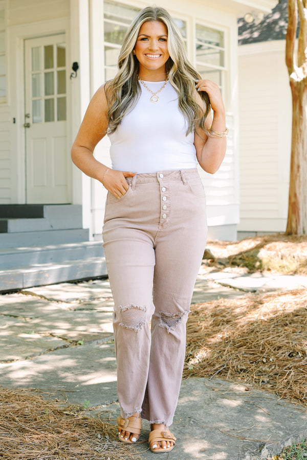 Chic soul plus size clothing, mauve jeans with distressed holes on the knees as well front pockets and five buttons to button up the jeans
