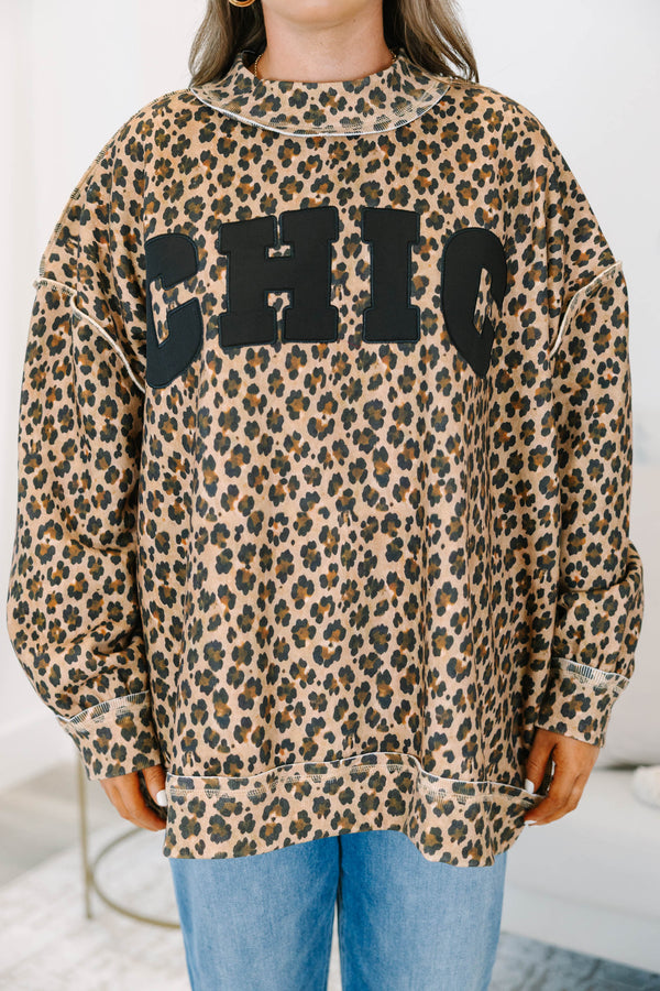 Plus Size brown leopard print mock neck pullover with black CHIC lettering and long sleeves.