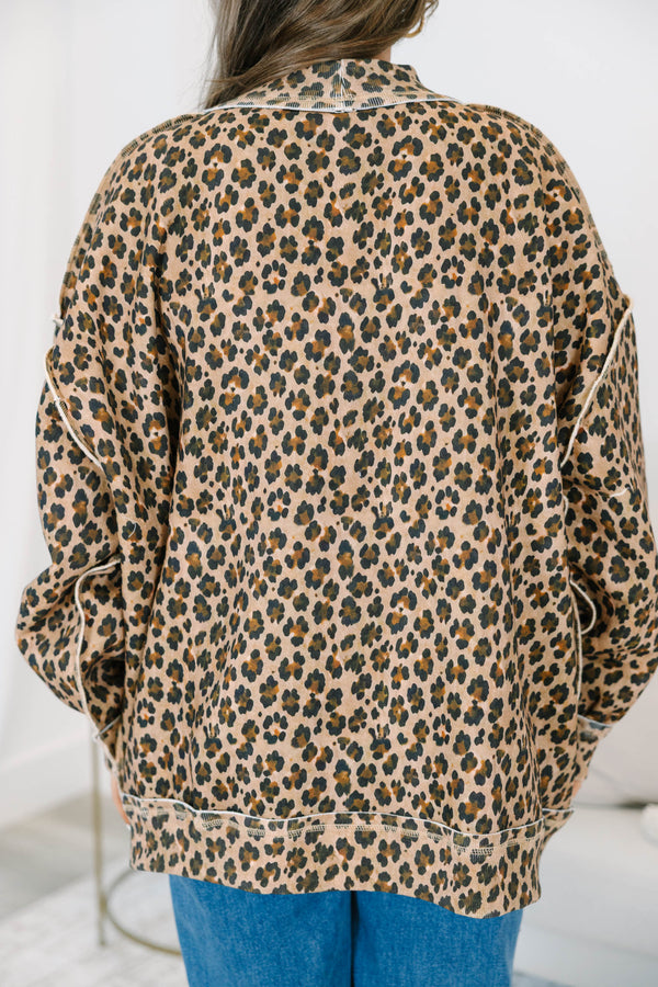 Plus Size brown leopard print mock neck pullover with black CHIC lettering and long sleeves.