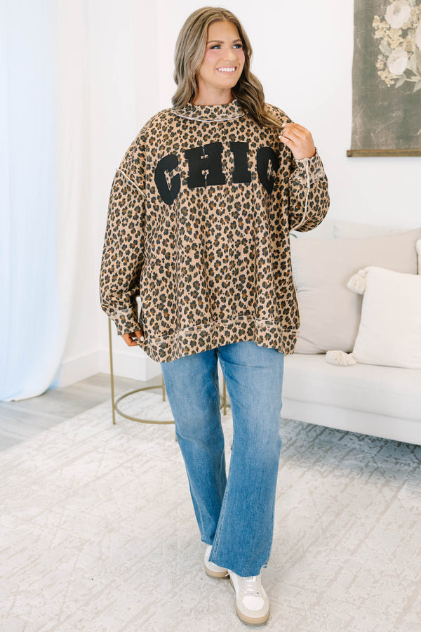 Plus Size brown leopard print mock neck pullover with black CHIC lettering and long sleeves.