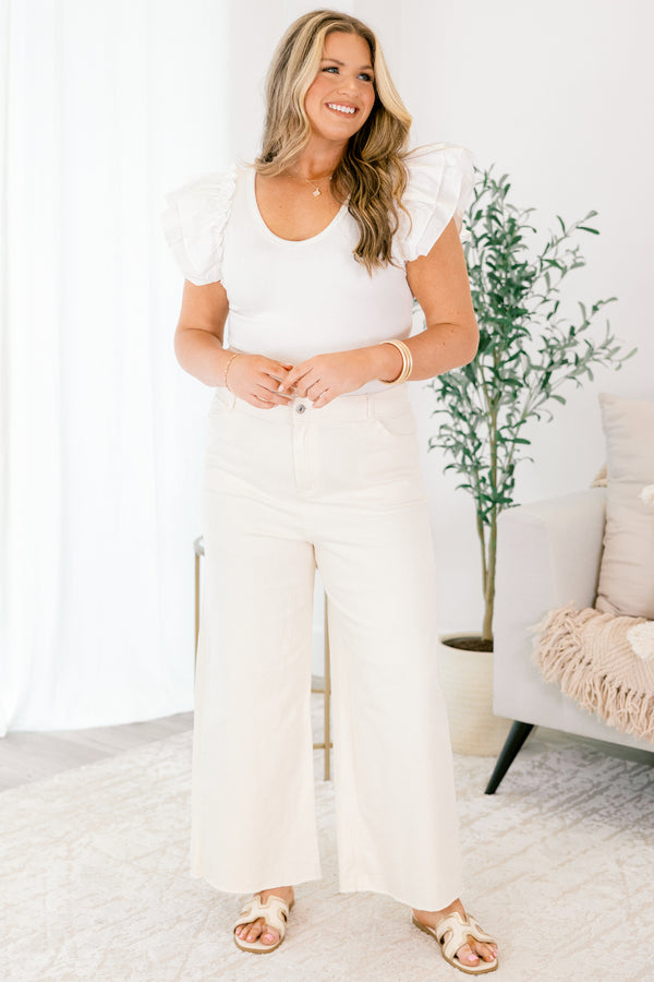 Chic Soul plus size clothing, off white wide leg high waisted jeans