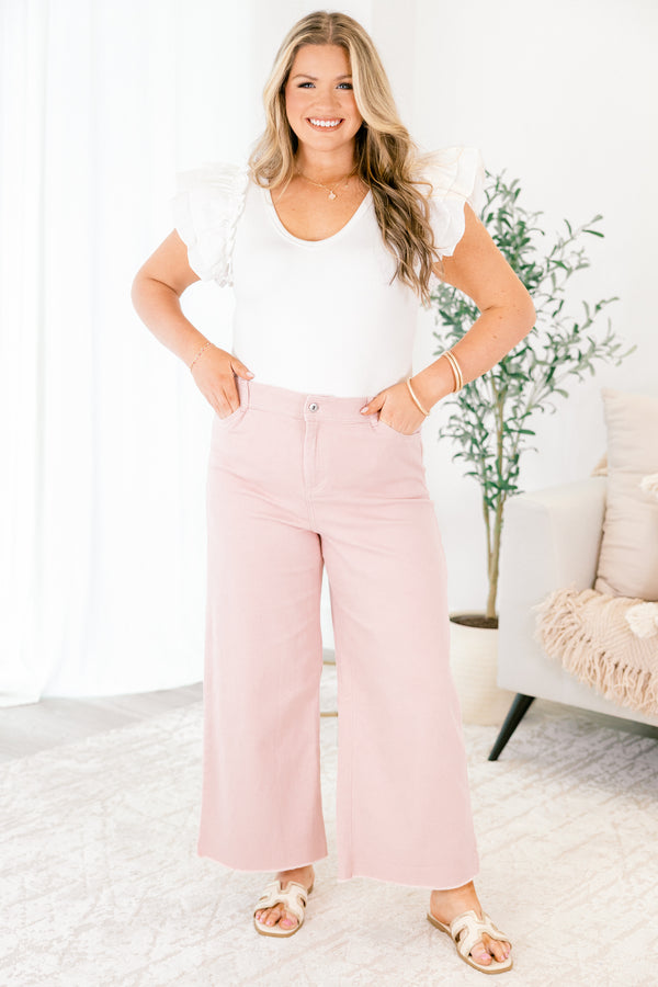Chic Soul plus size clothing, pink straight leg jeans with front pockets and fringe details at the end of each pant leg 