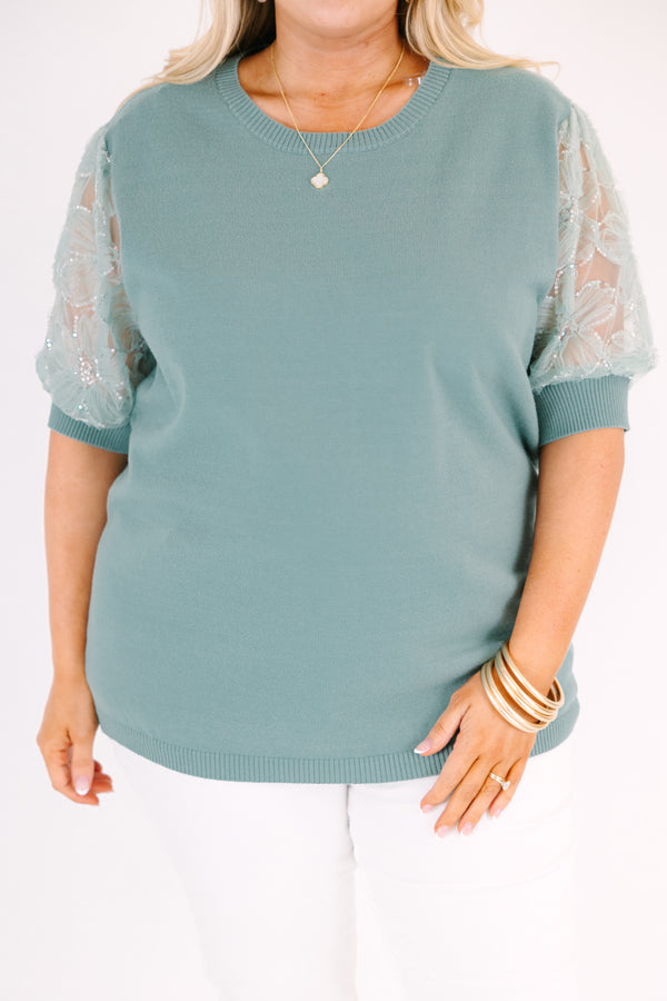 Chic Soul plus size clothing, light sage green top with sequin puff sleeves