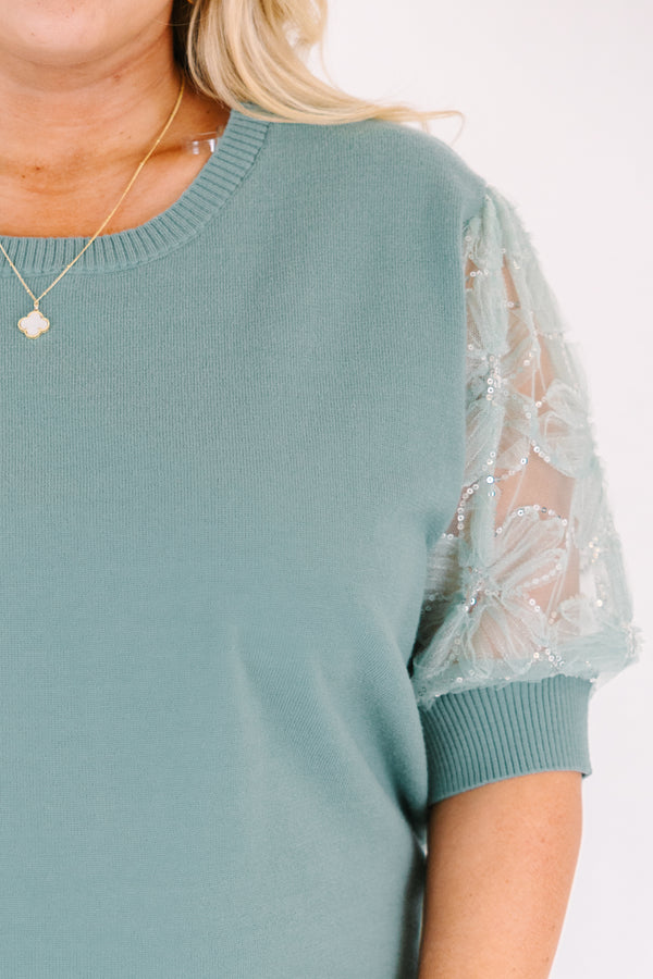 Chic Soul plus size clothing, light sage green top with sequin puff sleeves