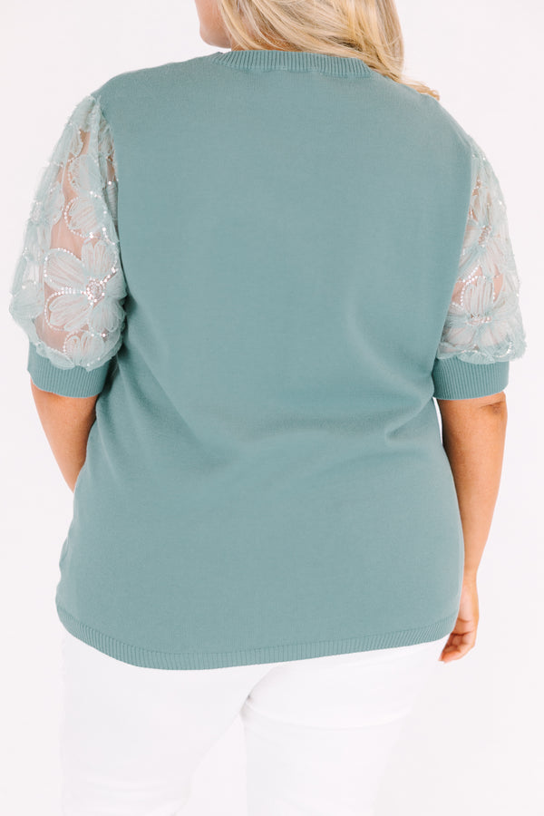 Chic Soul plus size clothing, light sage green top with sequin puff sleeves