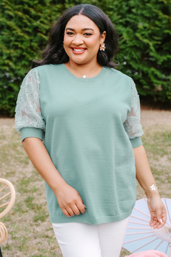 Chic Soul plus size clothing, light sage green top with sequin puff sleeves