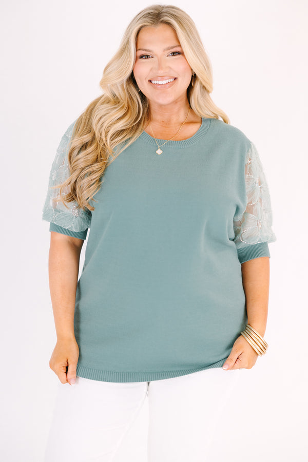 Chic Soul plus size clothing, light sage green top with sequin puff sleeves