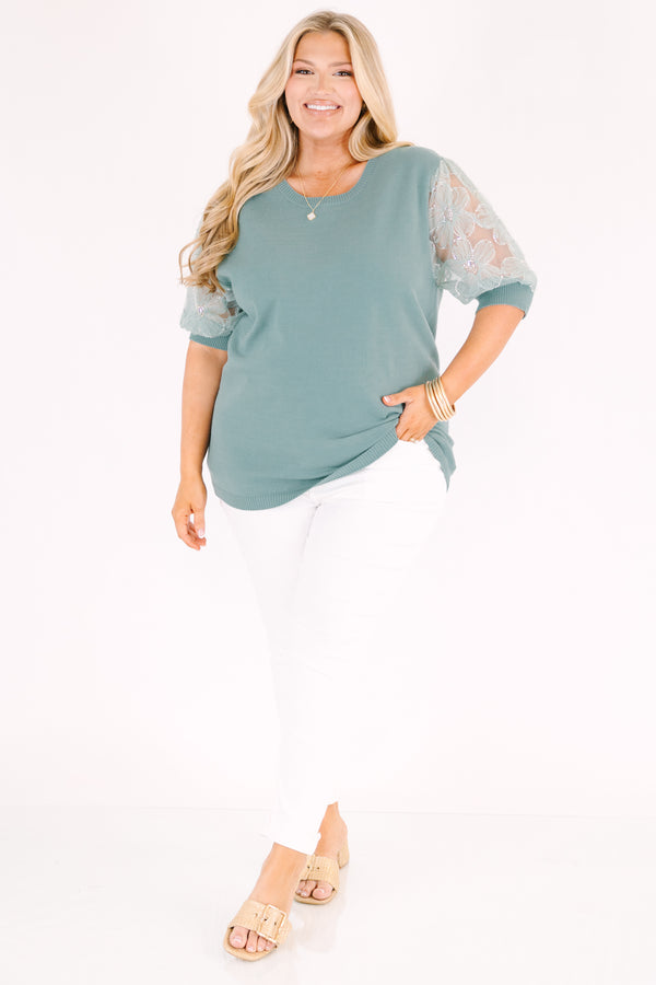 Chic Soul plus size clothing, light sage green top with sequin puff sleeves