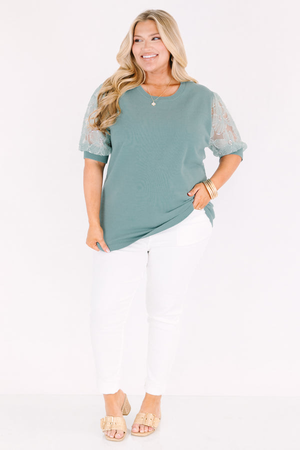 Chic Soul plus size clothing, light sage green top with sequin puff sleeves