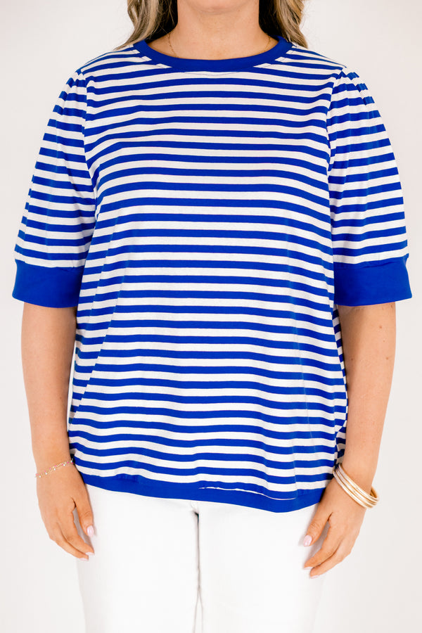 Chic Soul plus size clothing, royal blue and white horizontal stripe top with short sleeves and round neckline with slight puff sleeve
