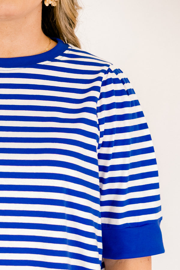 Chic Soul plus size clothing, royal blue and white horizontal stripe top with short sleeves and round neckline with slight puff sleeve