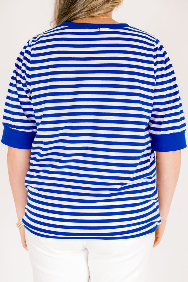 Chic Soul plus size clothing, royal blue and white horizontal stripe top with short sleeves and round neckline with slight puff sleeve