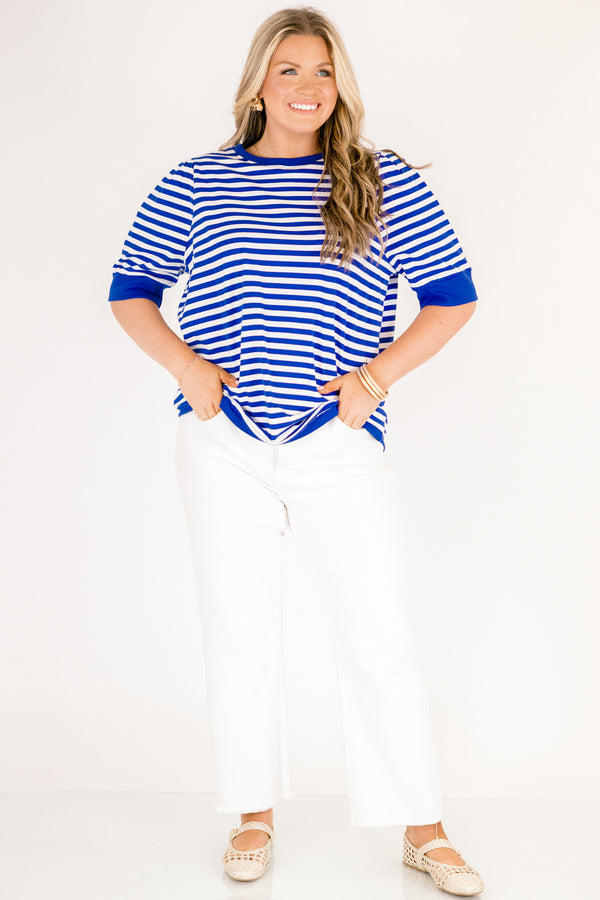 Chic Soul plus size clothing, royal blue and white horizontal stripe top with short sleeves and round neckline with slight puff sleeve