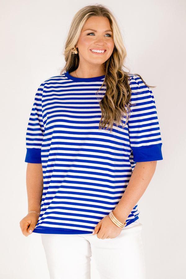 Chic Soul plus size clothing, royal blue and white horizontal stripe top with short sleeves and round neckline with slight puff sleeve