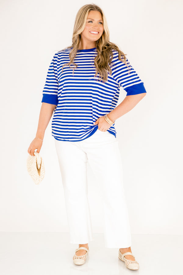 Chic Soul plus size clothing, royal blue and white horizontal stripe top with short sleeves and round neckline with slight puff sleeve