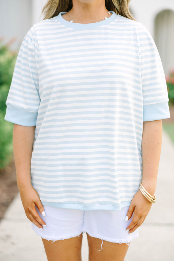 Plus Size light blue and white horizontal striped cotton top with short sleeves and a crew neck.