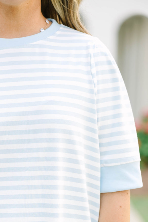 Plus Size light blue and white horizontal striped cotton top with short sleeves and a crew neck.