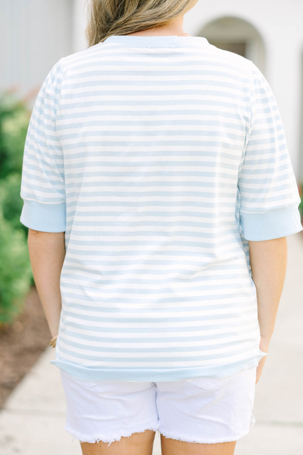 Plus Size light blue and white horizontal striped cotton top with short sleeves and a crew neck.