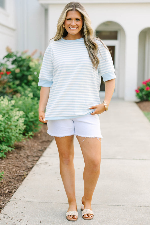Plus Size light blue and white horizontal striped cotton top with short sleeves and a crew neck.