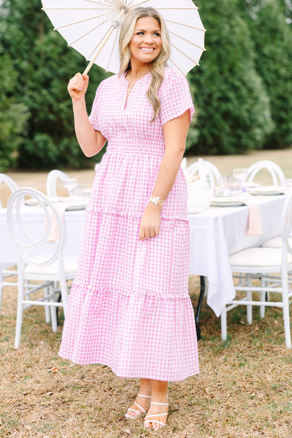 Chic Soul plus size clothing, pink and white gingham pattern short sleeve midi dress with cinched waist and v-neckline