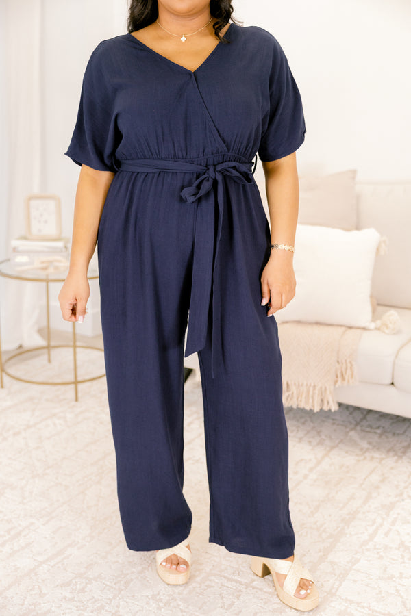 Chic Soul plus size clothing, navy blue short sleeve jumpsuit with waist tie belt and n-neckline