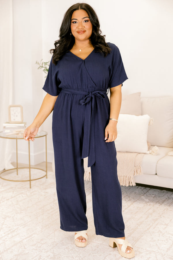 Chic Soul plus size clothing, navy blue short sleeve jumpsuit with waist tie belt and n-neckline