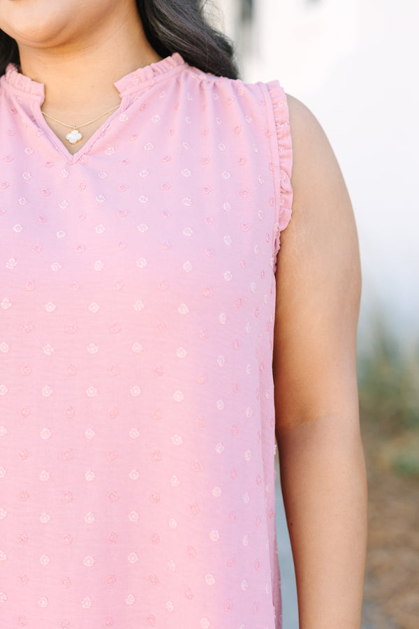 Chic Soul plus size clothing, pink tank top with small ruffle collar and swiss dot pattern