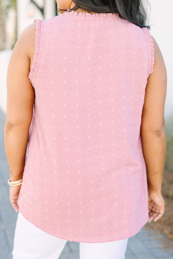 Chic Soul plus size clothing, pink tank top with small ruffle collar and swiss dot pattern