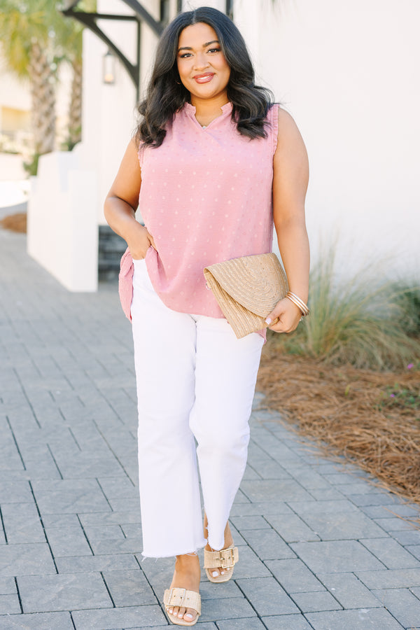 Chic Soul plus size clothing, pink tank top with small ruffle collar and swiss dot pattern