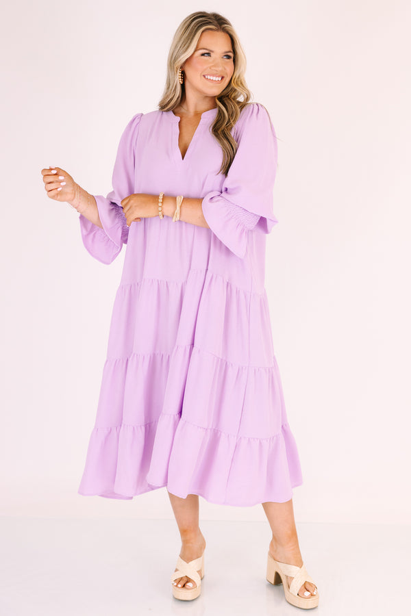Chic Soul plus size clothing, lavender tiered maxi dress with a slight v-neckline and half sleeves that have a flare out detail at the end of each sleeve 