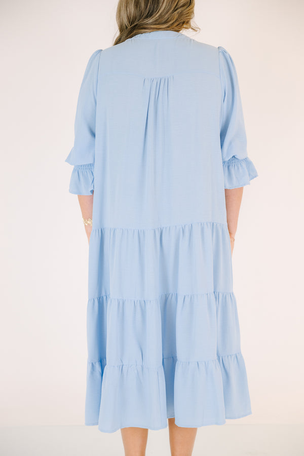 Chic Soul plus size clothing, light blue tiered maxi dress with half sleeves that have a ruffle detail on the bottom of each sleeve as well as a v-neckline 