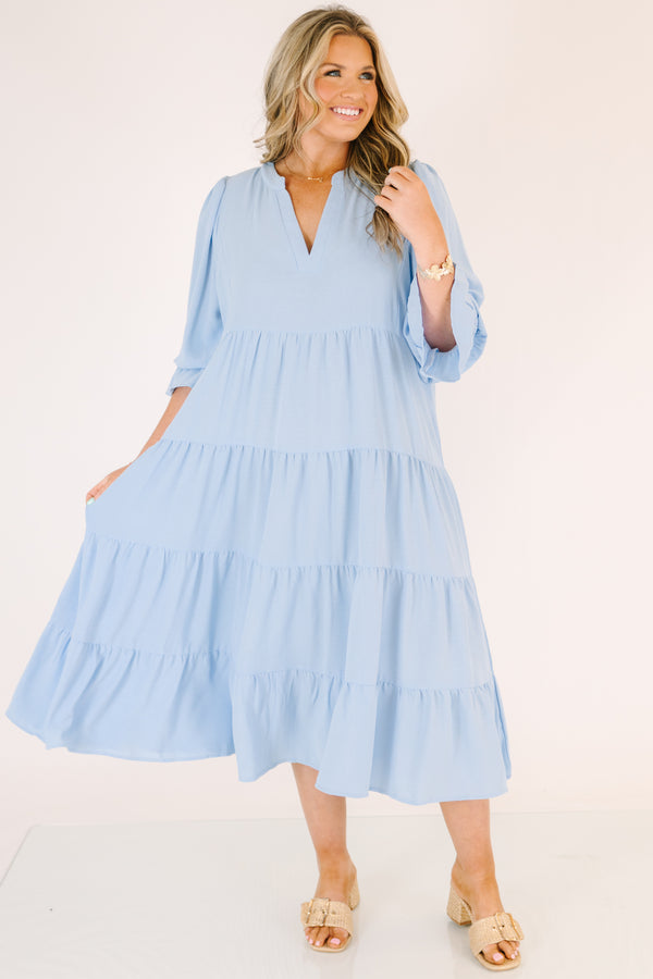 Chic Soul plus size clothing, light blue tiered maxi dress with half sleeves that have a ruffle detail on the bottom of each sleeve as well as a v-neckline 