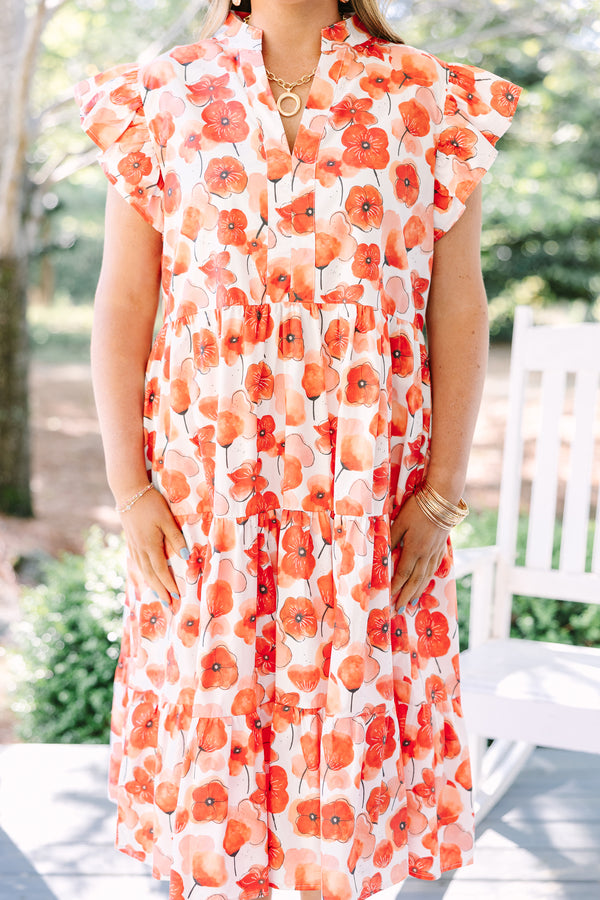 Chic Soul plus size clothing, red floral tiered midi dress with flutter sleeves and a v-neckline 