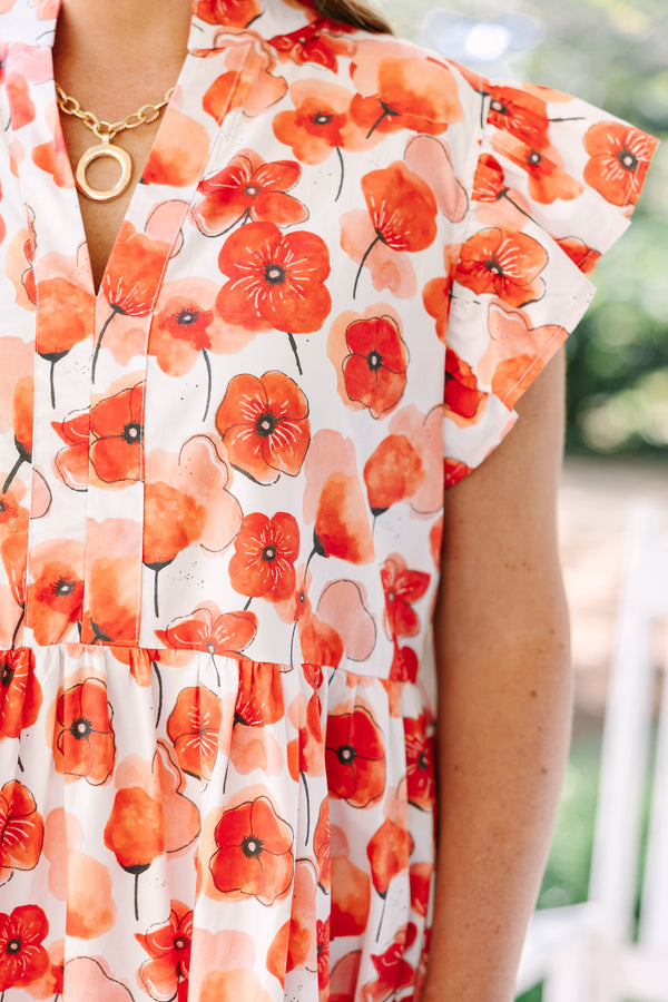 Chic Soul plus size clothing, red floral tiered midi dress with flutter sleeves and a v-neckline 